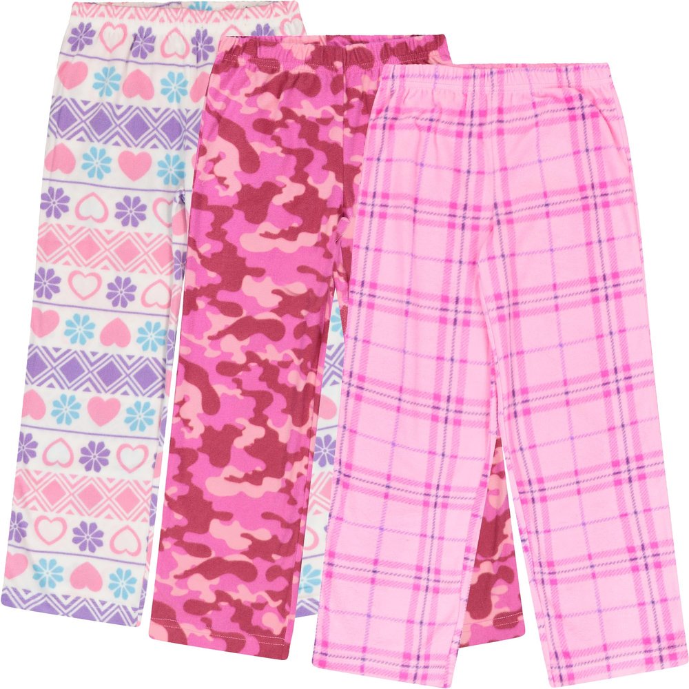 Mad Dog Girl's Pajama Pants - 2/3 Pack, Soft Micro Fleece Fashion Sleepwear Lounge. Sizes: 6-16, 3 Pack, 8, Pink Camo/Hearts/Plaid
