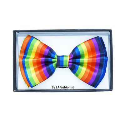 LAfashionist Men's Novelty Tuxedo Wedding Party Adjustable Satin Rainbow Multicolor Bowtie (Rainbow Striped)