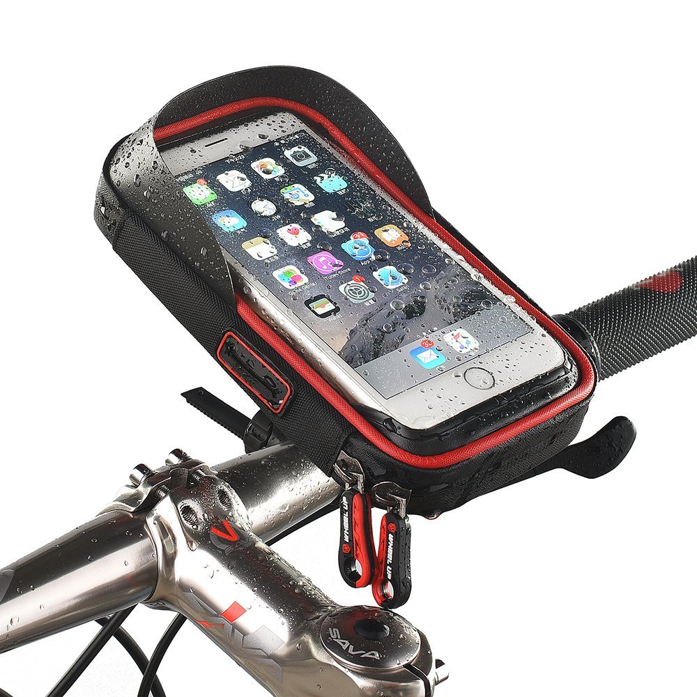 Bicycle Mobile Phone Bracket Transparent Touchable Pouch Case 360 Degree Rotating Waterproof Holder Bike Bag for Smartphones GPS (Red)