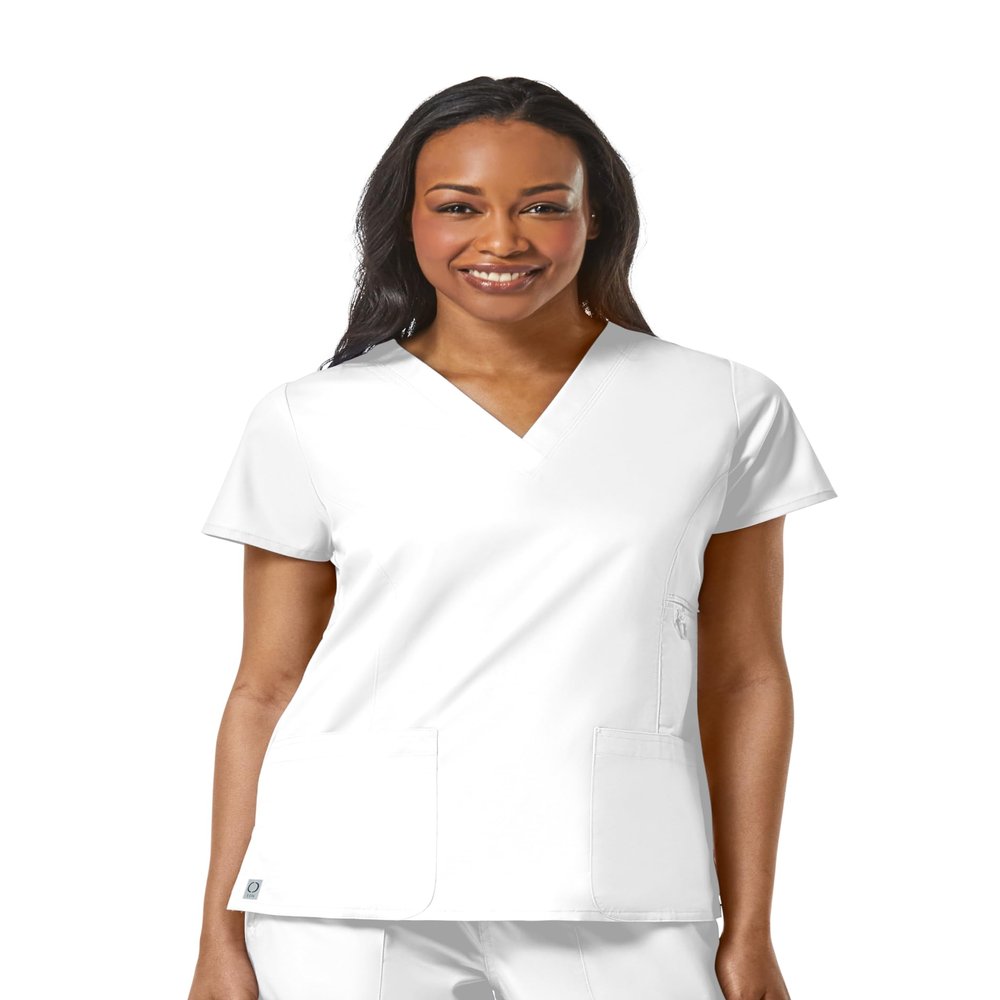 Maevn - EON V-Neck Pocket Scrub Top, Scrub Shirts for Women with Coolmax Technology, 2-Way Stretch Soft Scrubs for Women, Wrinkle-Resistant and Quick-Dry Scrub T Shirt White