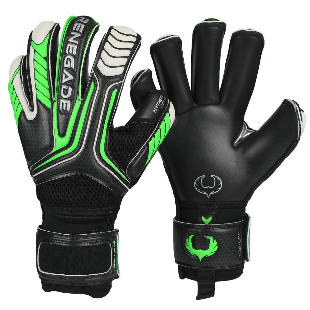 Renegade GK Vulcan Abyss Goalie Gloves with Pro-Tek Fingersaves | 3.5+3mm Hyper Grip & 4mm Duratek | Black & Green Goalkeeping Gloves (Size 9, Youth-Adult, Roll Cut, Level 3)