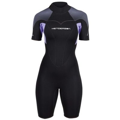 Henderson Women's 3mm Thermoprene Pro Back Zip Shorty Wetsuit, Black/Lavander, 22