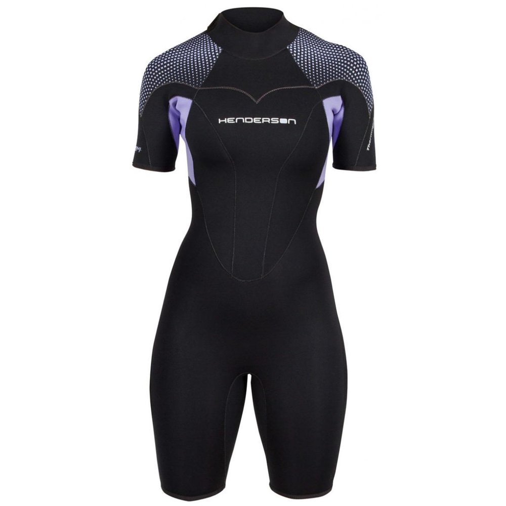 Henderson Women's 3mm Thermoprene Pro Back Zip Shorty Wetsuit, Black/Lavander, 22
