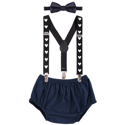 Baby Boys Adjustable Y Back Elastic Strong Clip Suspenders Outfit First Birthday Bloomers Bowtie set Navy & Red Heart