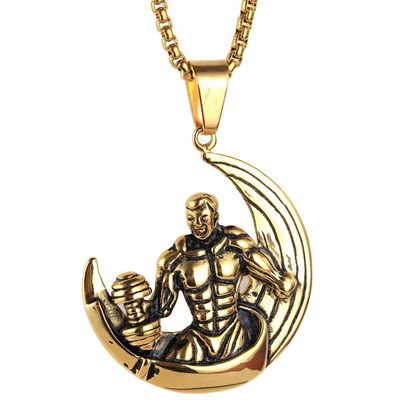 HIJONES Men's Stainless Steel Muscle Man Crescent Moon Pendant Bodybuilder Necklace Gold