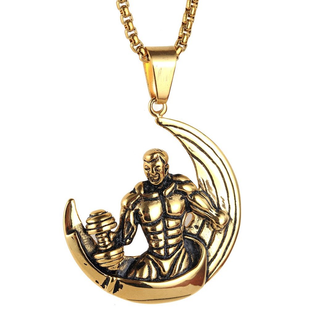 HIJONES Men's Stainless Steel Muscle Man Crescent Moon Pendant Bodybuilder Necklace Gold