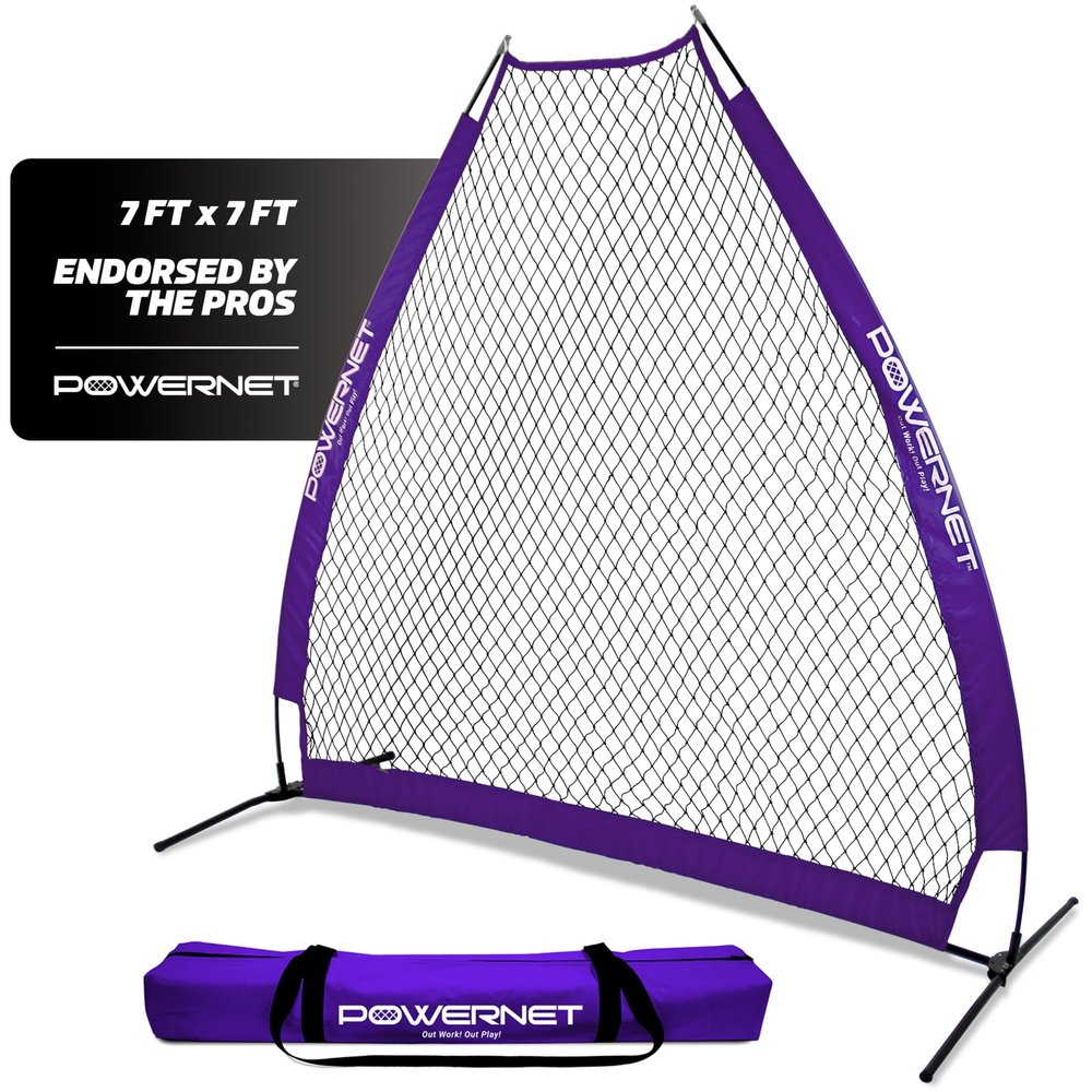 Powernet Portable Baseball Practice Net for Pitching and Hitting, Softball Pitching Net, Pop Up Batting Cage Net Coach Shield, Backyard Outdoor Training, 7 FT A-Frame Screen (Purple)