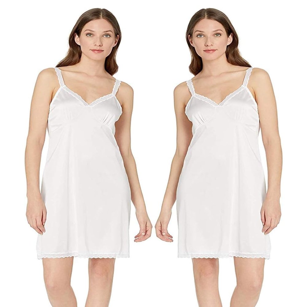 Under Moments Daywear 28" Stretch Lace Strap Full Slip-White-White-2PK
