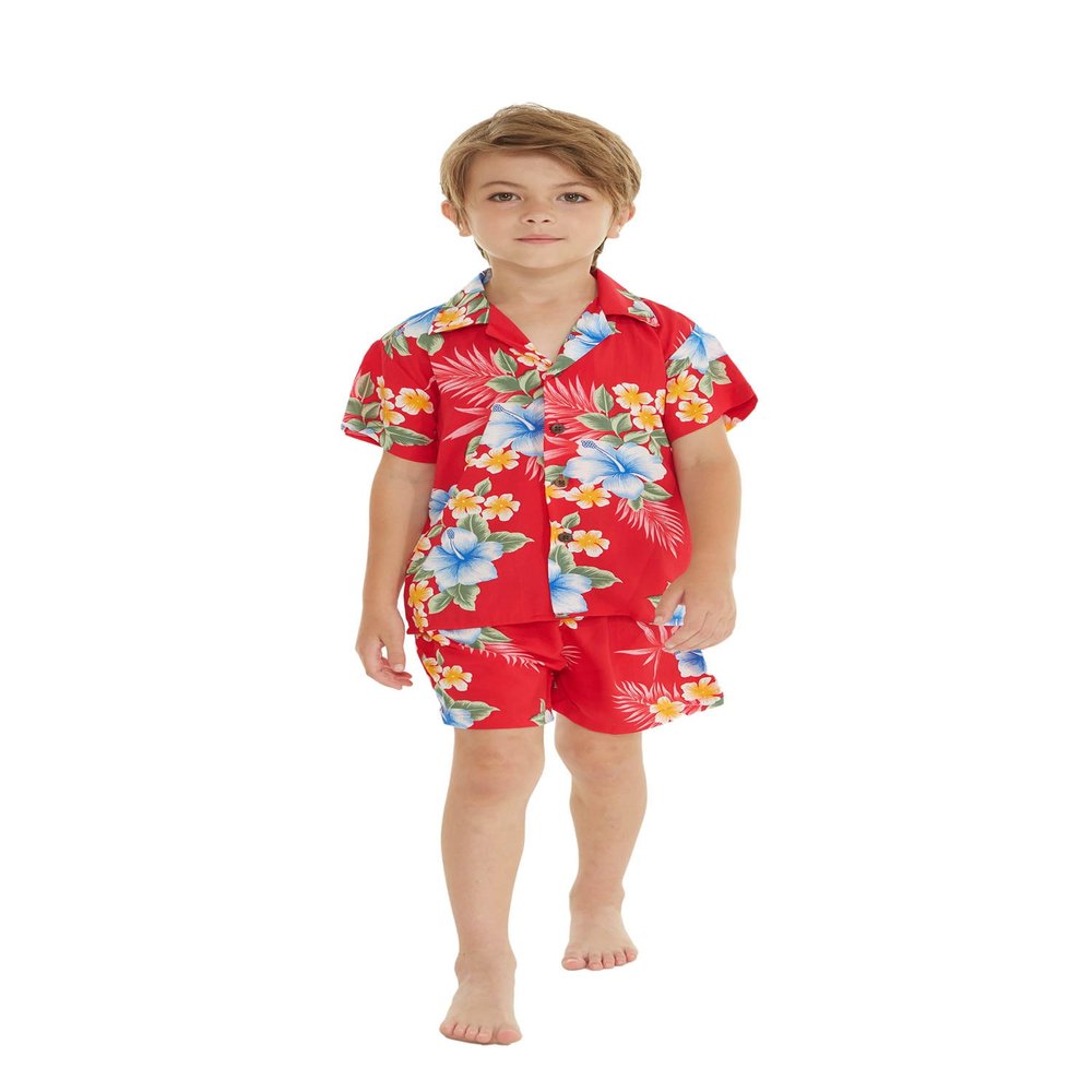 Boy Hawaiian Shirt and Shorts Cabana Set in Hibiscus Red Size 6