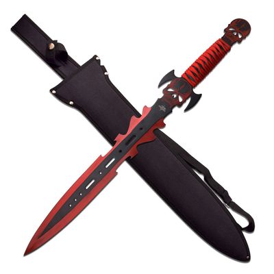 Fantasy Master - FM-681RD - Fantasy Short Sword - Skull Crusher - Black and Red Stainless Steel Blade, Full Tang, Red Cord Wrapped Handle with Dual Skulls - Fantasy, Collectible