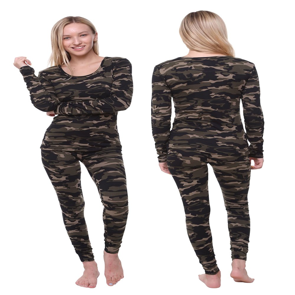 Ultra Dry Women Thermal Underwear Set; Base Layer Soft Fleece Lining Ladies 2 pc Top Shirt & Bottom Leggings Tights Long Johns Camouflage-XLarge