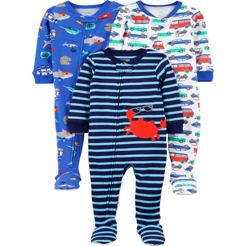 Simple Joys by Carter's Baby 3-pack Snug-fit Footed Cotton Pajamas, Crab/Sea Creatures/Cars, 6-9 Months