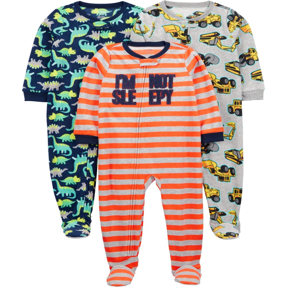 Simple Joys by Carter's Toddler Boys 3-pack Footed Fleece Pajamas, Red Stripe/Diggers/Dino, 2T