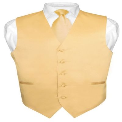 Vesuvio Napoli Men's Dress Vest & NeckTie Solid GOLD Color Neck Tie Set for Suit or Tux sz 6XL