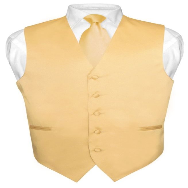 Vesuvio Napoli Men's Dress Vest & NeckTie Solid GOLD Color Neck Tie Set for Suit or Tux sz 6XL