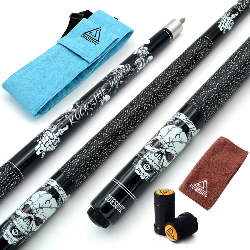 CUESOUL 58 inch 21oz 1/2 Maple Pool Cue Stick Kit- Rock The World Stylish Pattern Cue Design in Black Paint