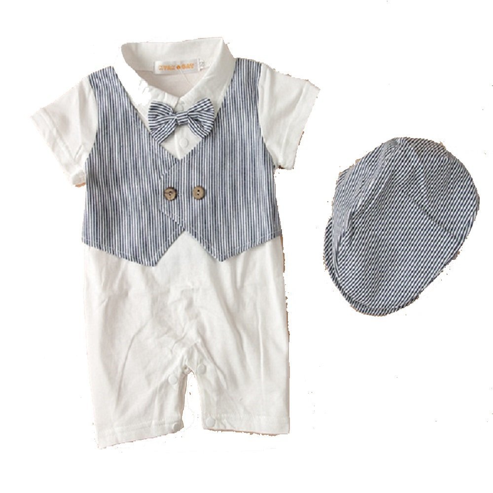Baby Boy Clothes Tuxedo Rompers Vest Summer Newborn Bodysuits Jumpsuits Short Sleeve Stripe (Small, White)