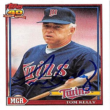 Sports Memorabilia Autograph Warehouse 245696 Tom Kelly Autographed Baseball Card - Minnesota Twins 1991 Topps - No. 201