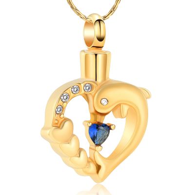 constantlife Dolphin Cremation Jewelry for Ashes Memorial Urn Necklace Stainless Steel Keepsake Heart Crystal Pendant (Golden+Blue)