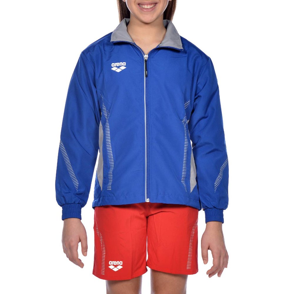 ARENA Kids Team Line Youth Warm Up Full Zip Jacket Lightweight Athletic Training Competitive Recreational Side Pockets Breathable Track Swimming Sports, Royal Blue/Gray, Size Medium