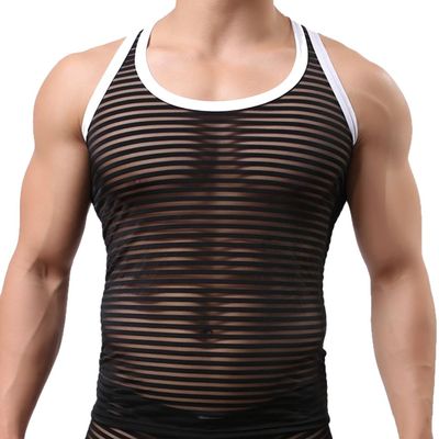 Mendove Men's Stripe Mesh See-Through Muscle Shirt Size M Black
