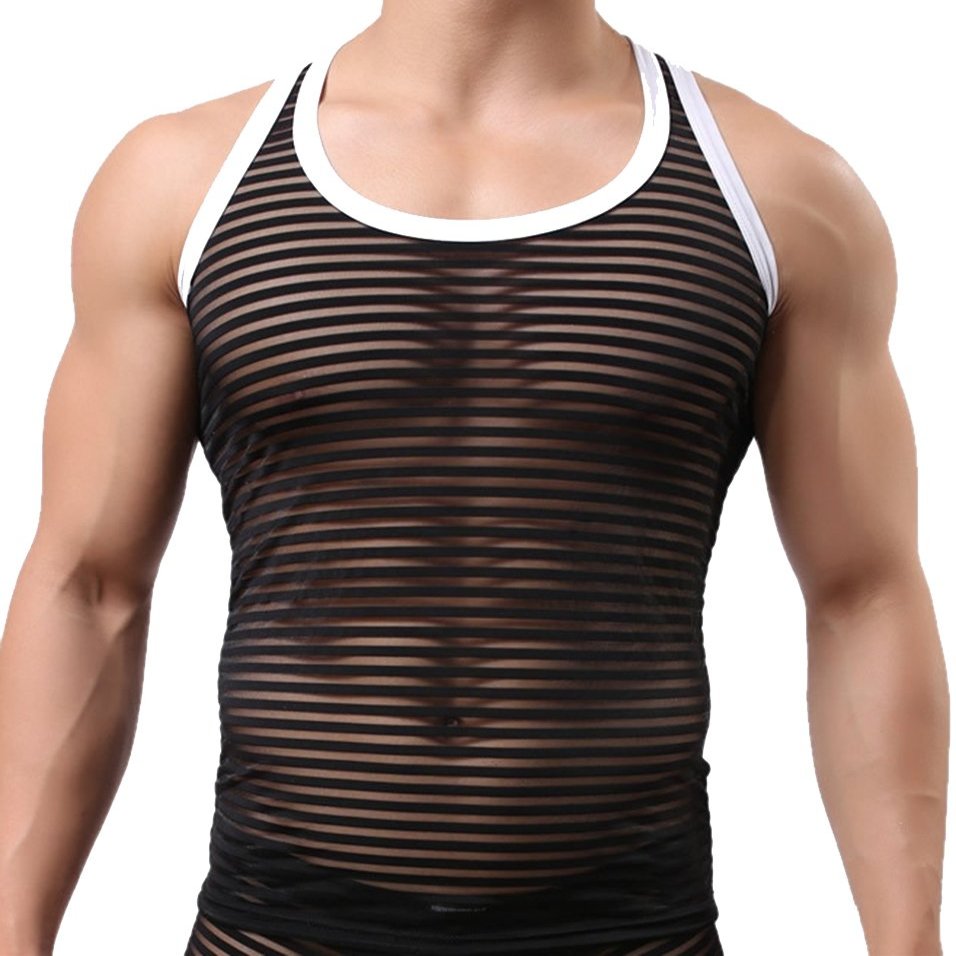 Mendove Men's Stripe Mesh See-Through Muscle Shirt Size M Black
