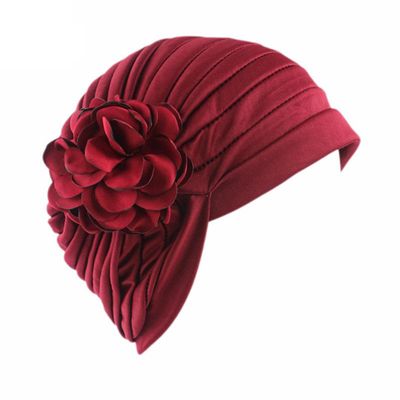 xzbailisha Women Turban Stretch Flower Polyester Indian Hat Chemo Cap Wine
