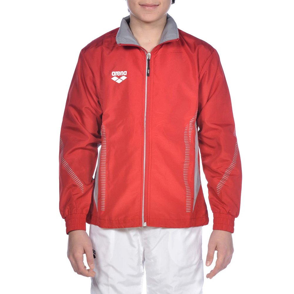 ARENA Kids Team Line Youth Warm Up Full Zip Jacket Lightweight Athletic Training Competitive Recreational Side Pockets Breathable Track Swimming Sports, Red/Gray, Size Medium