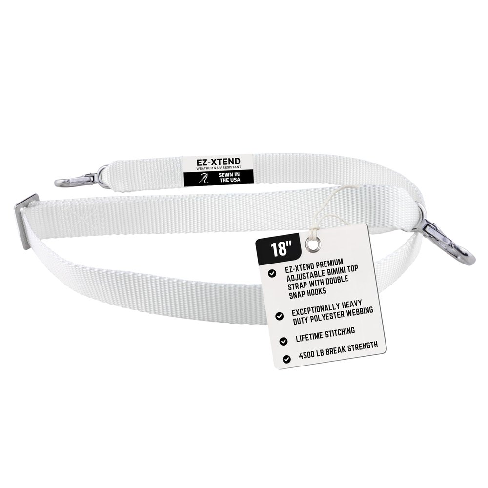 EZ-Xtend Premium Pontoon Boat Accessories Adjustable Bimini Top Strap with Double Snap Hook Stainless Steel Boat Bimini Top Hardware, Pontoon Canopy Replacement Straps (Package of 1, White 14"- 18")