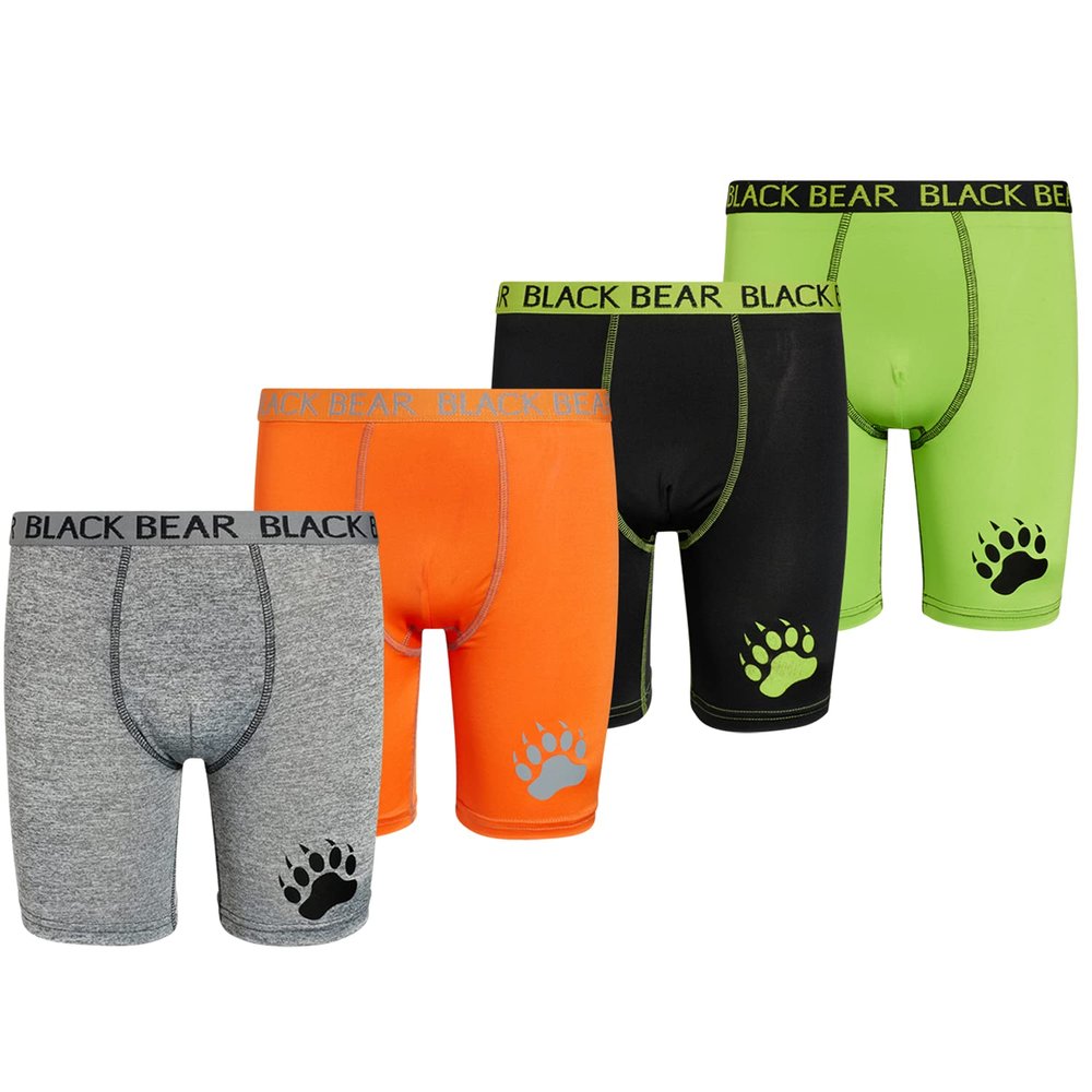 Black Bear Boys Underwear 4 Pack Long Leg Performance Compression Boxer Briefs (4-18), Size Memium (8/10), Black, Green, Grey, Orange