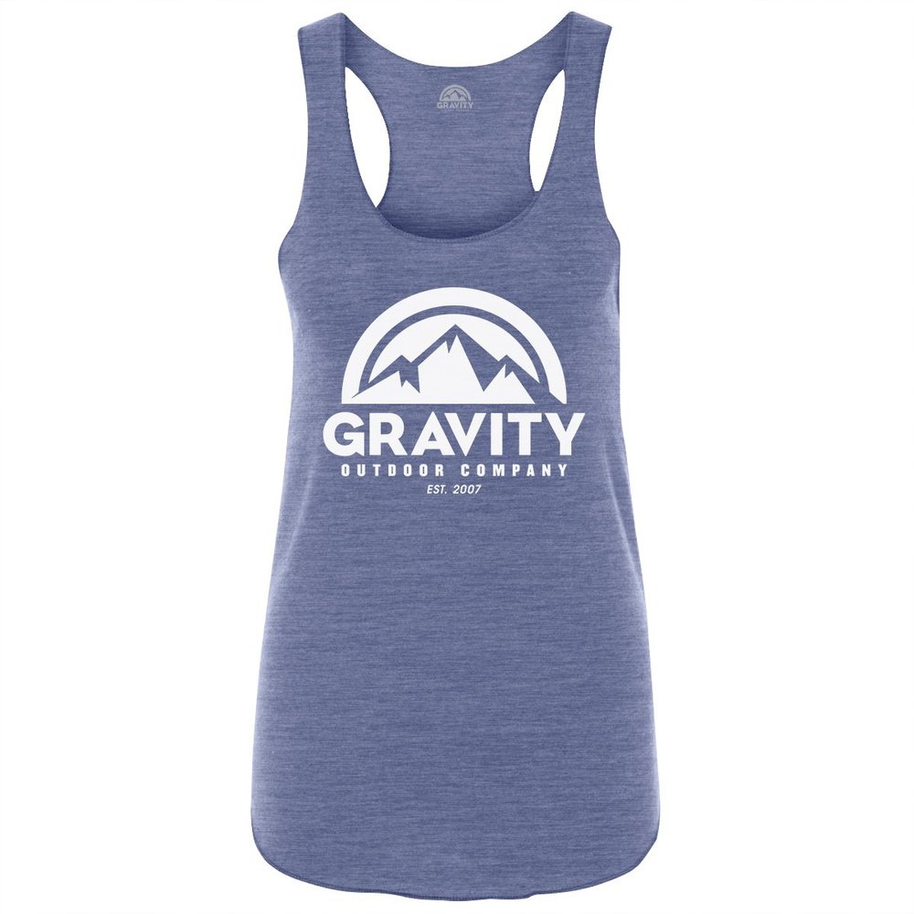 Gravity Outdoor Co. Womens Racerback Tank - White Logo - Eco Blue - XL