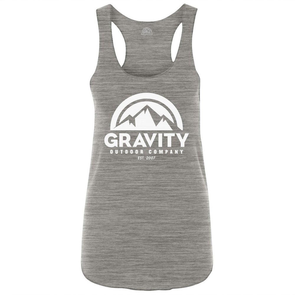 Gravity Outdoor Co. Womens Racerback Tank - White Logo - Urban Grey - S
