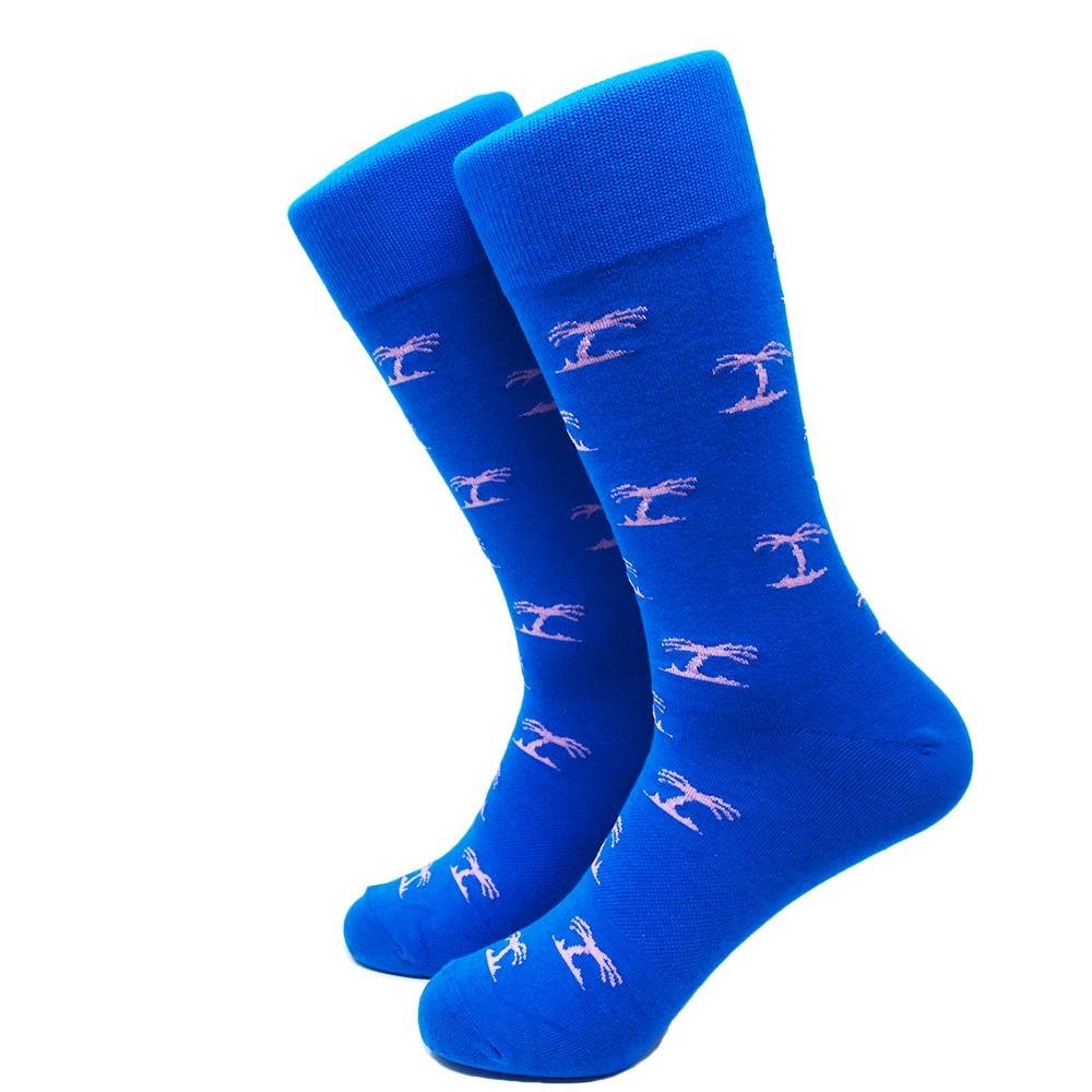 SummerTies Palm Tree Mens Dress Socks - Pink on Blue