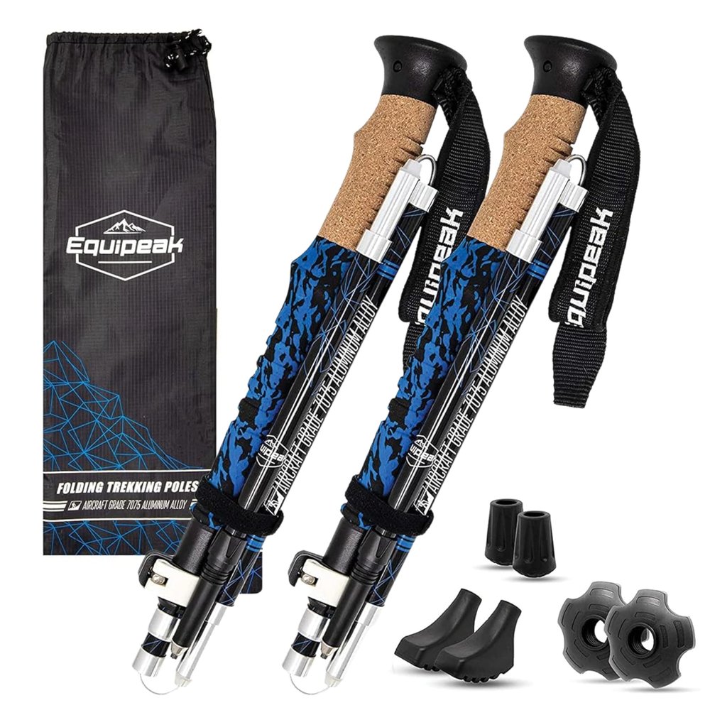 Equipeak Collapsible Folding Hiking & Trekking Sticks - 7075 Aluminum Lightweight Foldable Hiking Poles with Cork Grip & Foam Handle, Travel Trekking Poles for Balance Support for Seniors, Women & Men