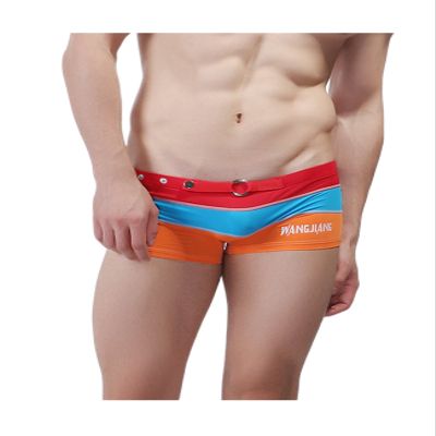 Legou Men's Beach Pants Shorts Stripe Color Matching Boxer Swimwear Red+Sky Blue+Orange L