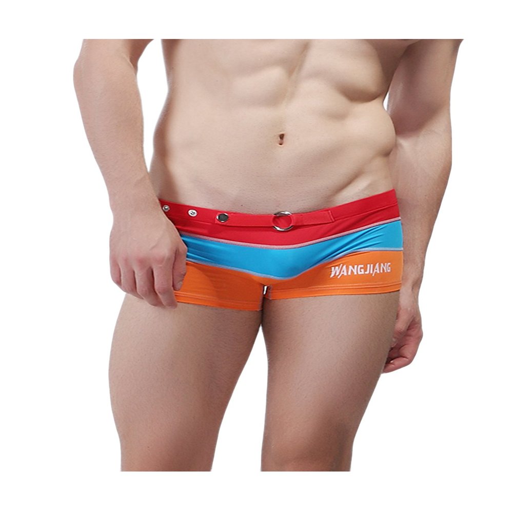 Legou Men's Beach Pants Shorts Stripe Color Matching Boxer Swimwear Red+Sky Blue+Orange L