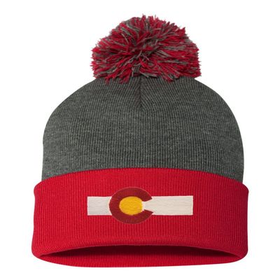 Go All Out One Size Dark Heather Grey/red Pom Colorado Flag Embroidered Knit Beanie Pom Cap