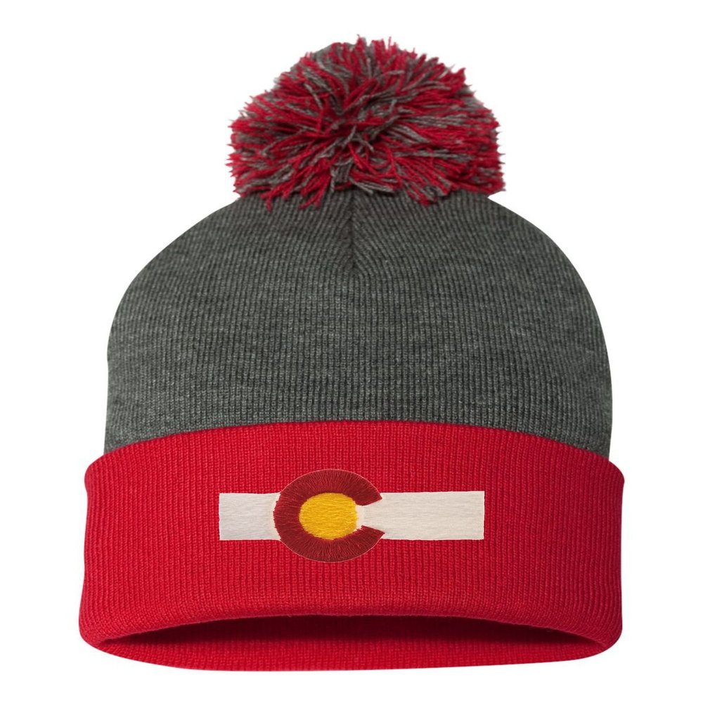 Go All Out One Size Dark Heather Grey/red Pom Colorado Flag Embroidered Knit Beanie Pom Cap