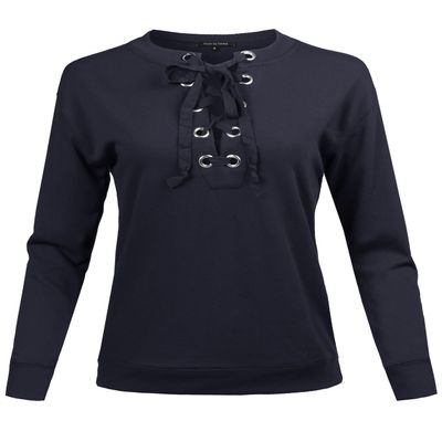 Casual Solid Long Sleeve Front Lace Up Neck French Terry Top Navy S