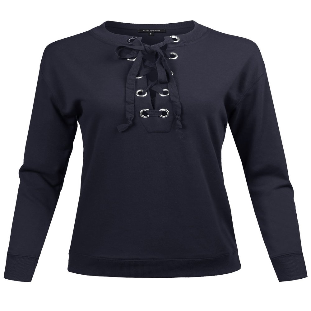 Casual Solid Long Sleeve Front Lace Up Neck French Terry Top Navy S