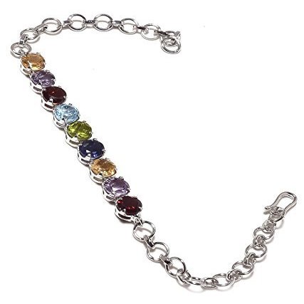 Neerupam collection Marvelous Multicolor Mixed Semi-Precious Real Gemstones Rhodium Plated Sterling Silver Bracelet for Women