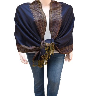 Flyingeagle Trade Double Side and Double Layered Reversible Pashmina Woven Shawl Scarf for Women (Navy Blue)