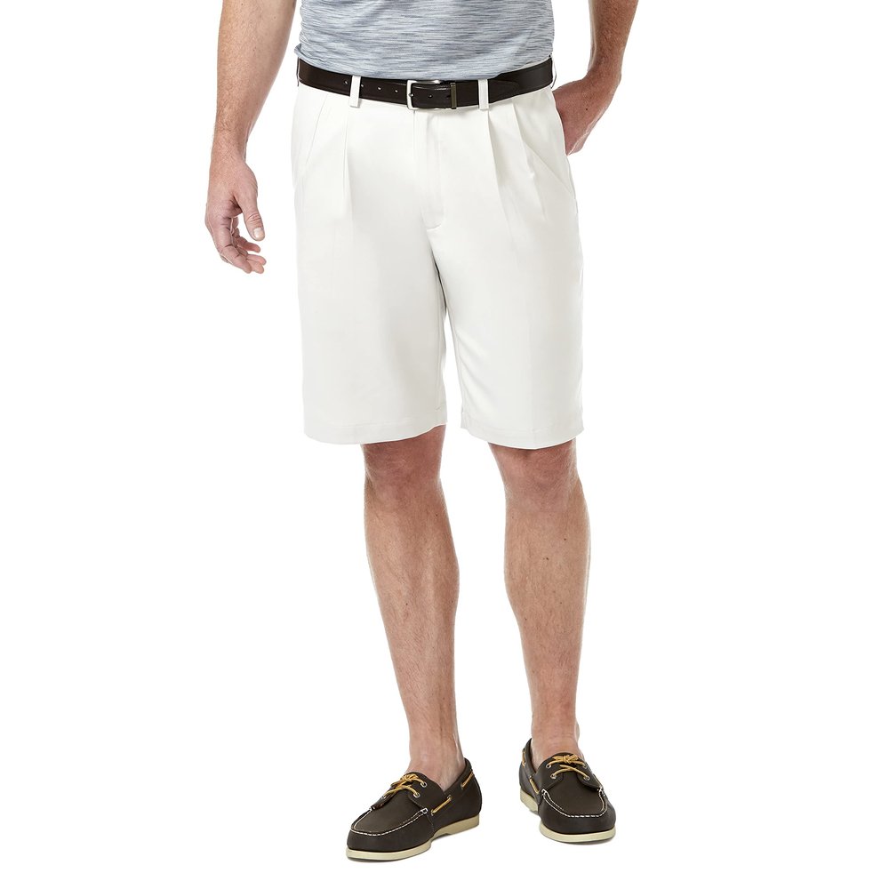 Haggar Men's Cool 18 Pro Classic Fit Stretch Solid Pleat Front Short, white, 34