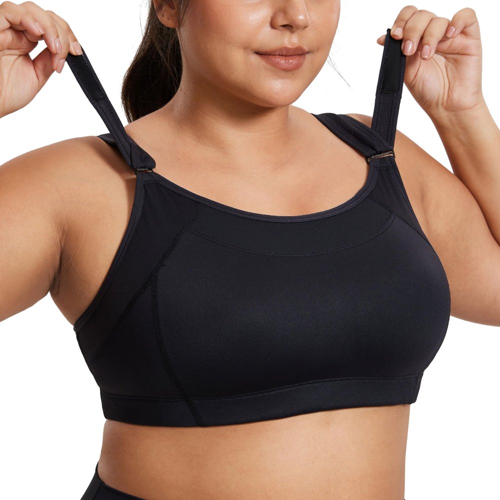 SYROKAN Front Adjustable Sports Bras for Women High Impact Wirefree Comfort No Bounce Support Workout Running Bra Black 40DD