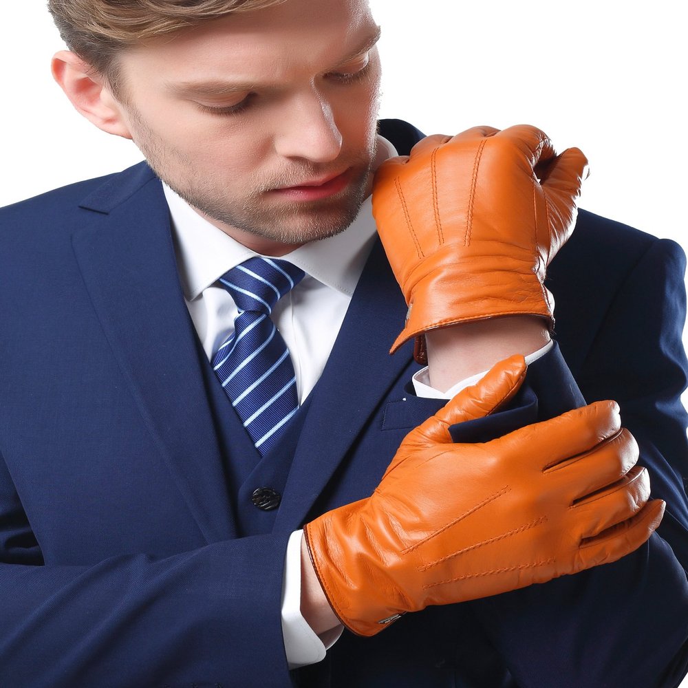 NappaNovum Men's Lambskin Leather Gloves with Warm Lining Classic Lambskin Winter Warm Touchscreen Gloves (XXL, Tan)