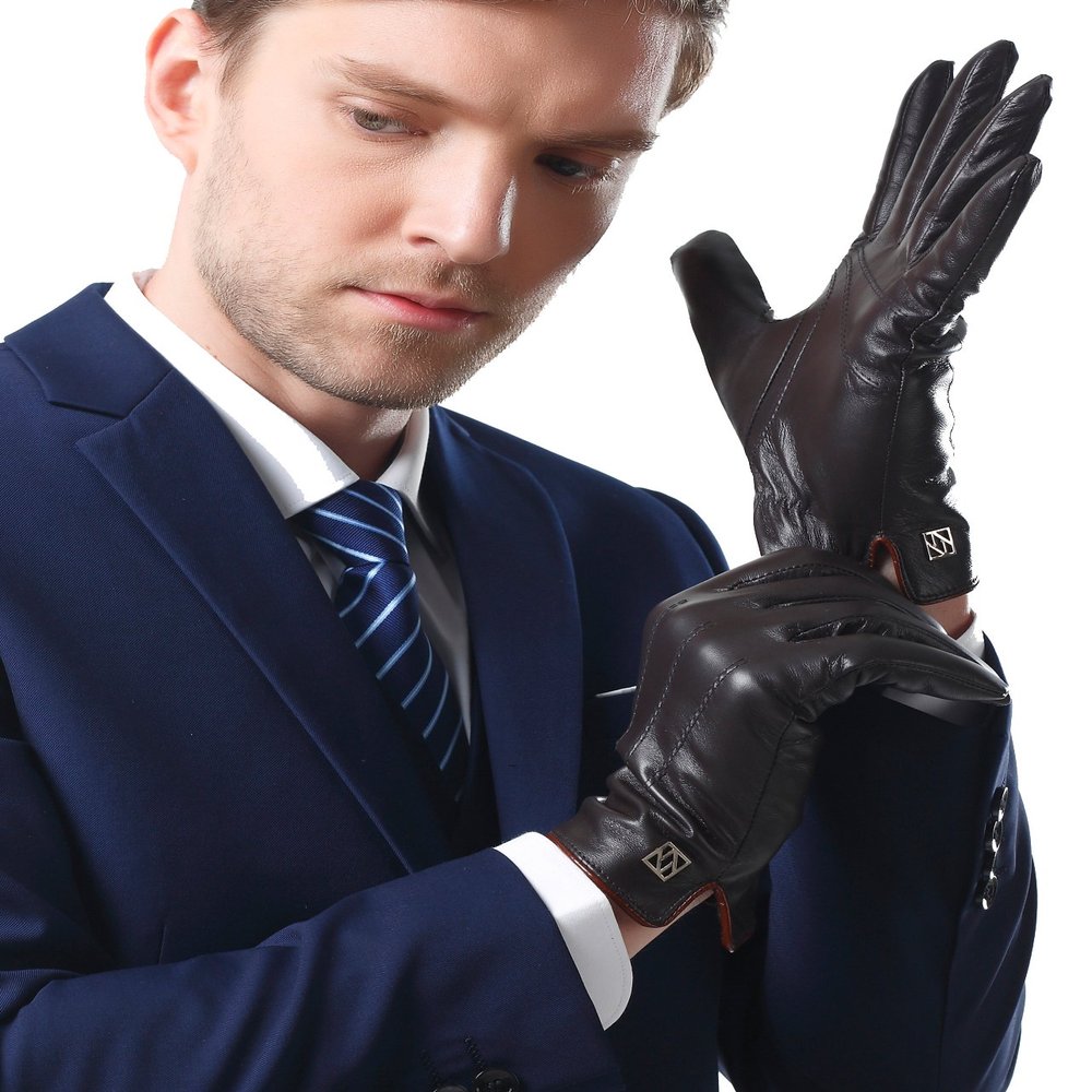 NappaNovum Men's Lambskin Leather Gloves with Warm Lining Classic Lambskin Winter Warm Touchscreen Gloves (M, Dark Brown Touch)