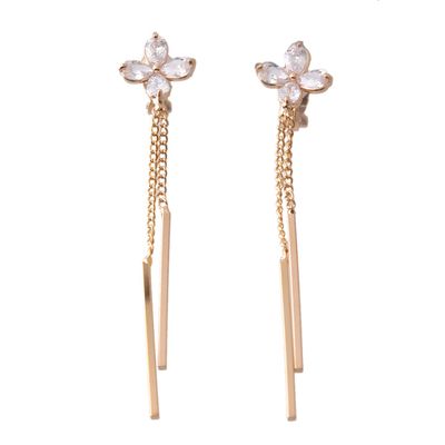 Grace Jun Bridal Luxury Gold Plated CZ Long Tassel Colver Shape Clip on Earrings No Pierced for Women Ear Clip