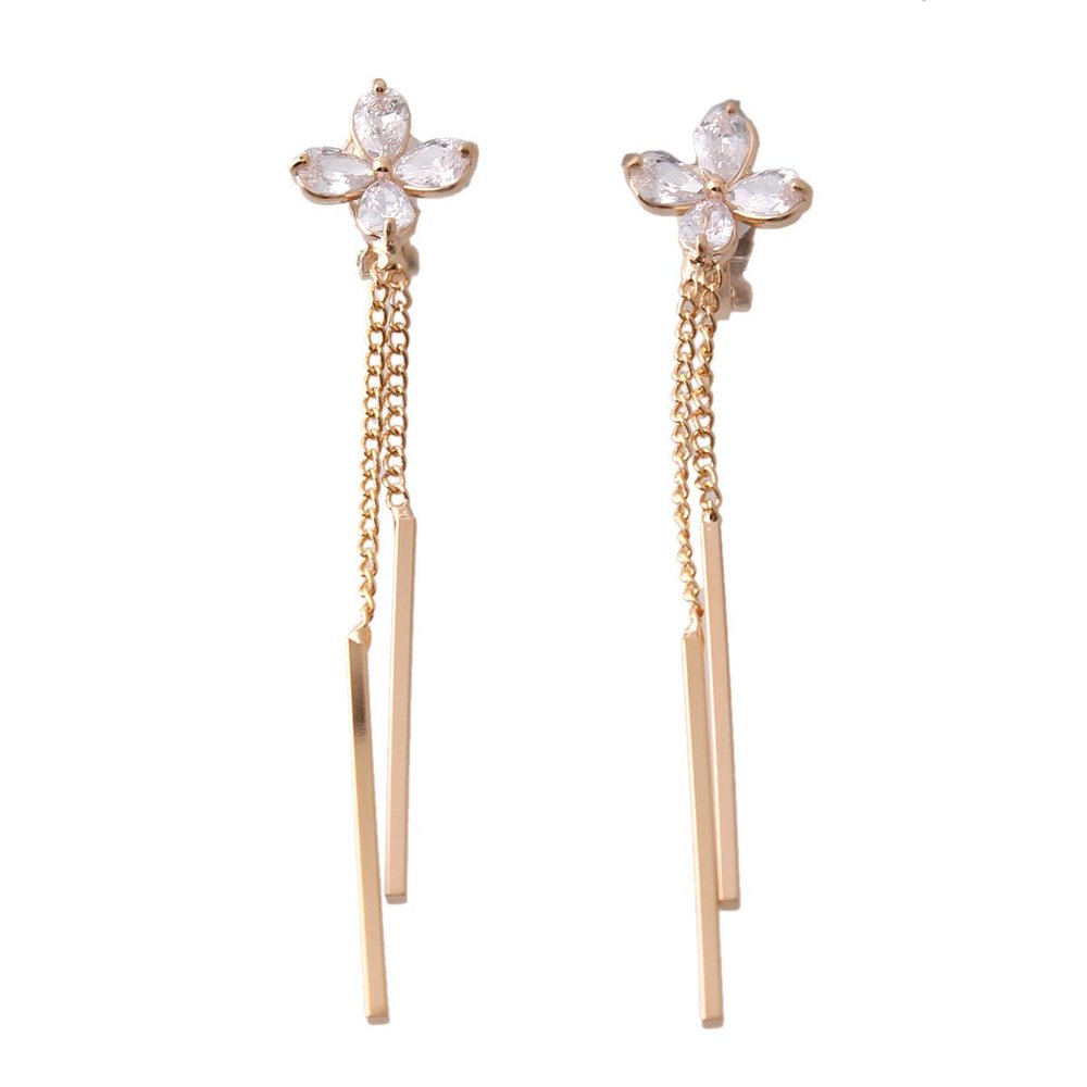 Grace Jun Bridal Luxury Gold Plated CZ Long Tassel Colver Shape Clip on Earrings No Pierced for Women Ear Clip