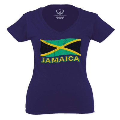 0052. Carribean Outfit Jamaica Jamaican National Country Flag for Women V Neck Fitted T Shirt (Navy Blue, Small)