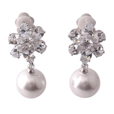 Grace Jun Bridal Luxury Platinum Plated CZ With Simulated Pearl Flower Shape Clip on Earrings No Pierced Earrings Ear Clip